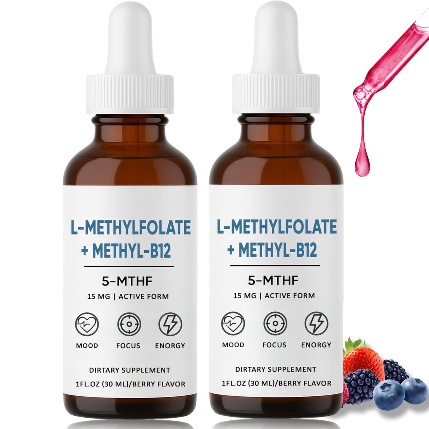 Pure Methylfolate, 15mg L-Methylfolate + Methyl-B12, Sublingual Form - 5-MTHF Form, for Cognition Clarity, Mood Balance & Overall Wellness, Organic Berry Flavor, Gluten Free, Non-GMO (1)