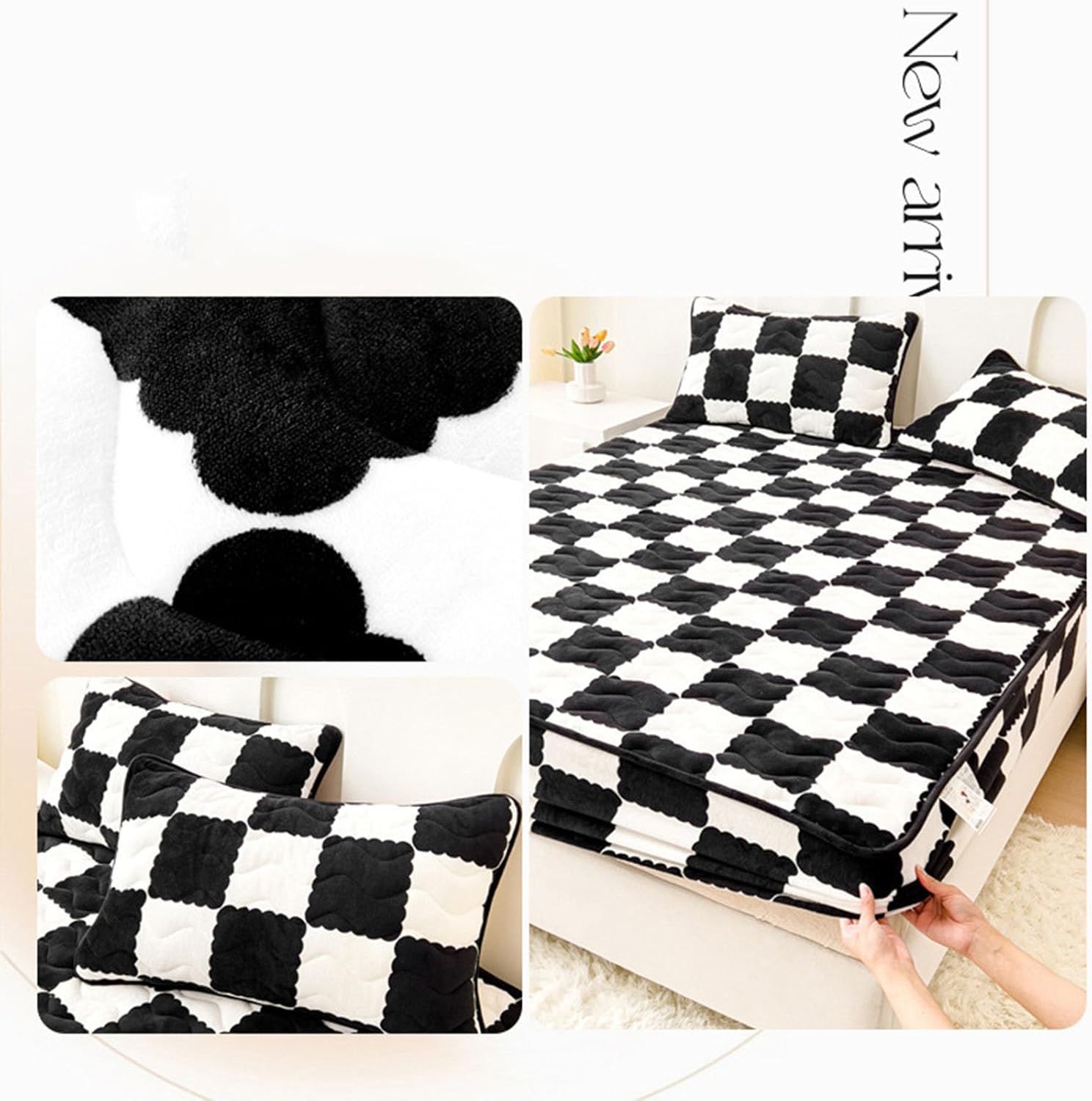 Milk Velvet Checkered Mattress Cover, Cow Flannel Fitted Sheet, Milk Velvet Bedding Sheets, Ultra Soft Fluffy Non-Slip Protective Cover for Bed Mattress (Black,47.2 * 78.7IN)