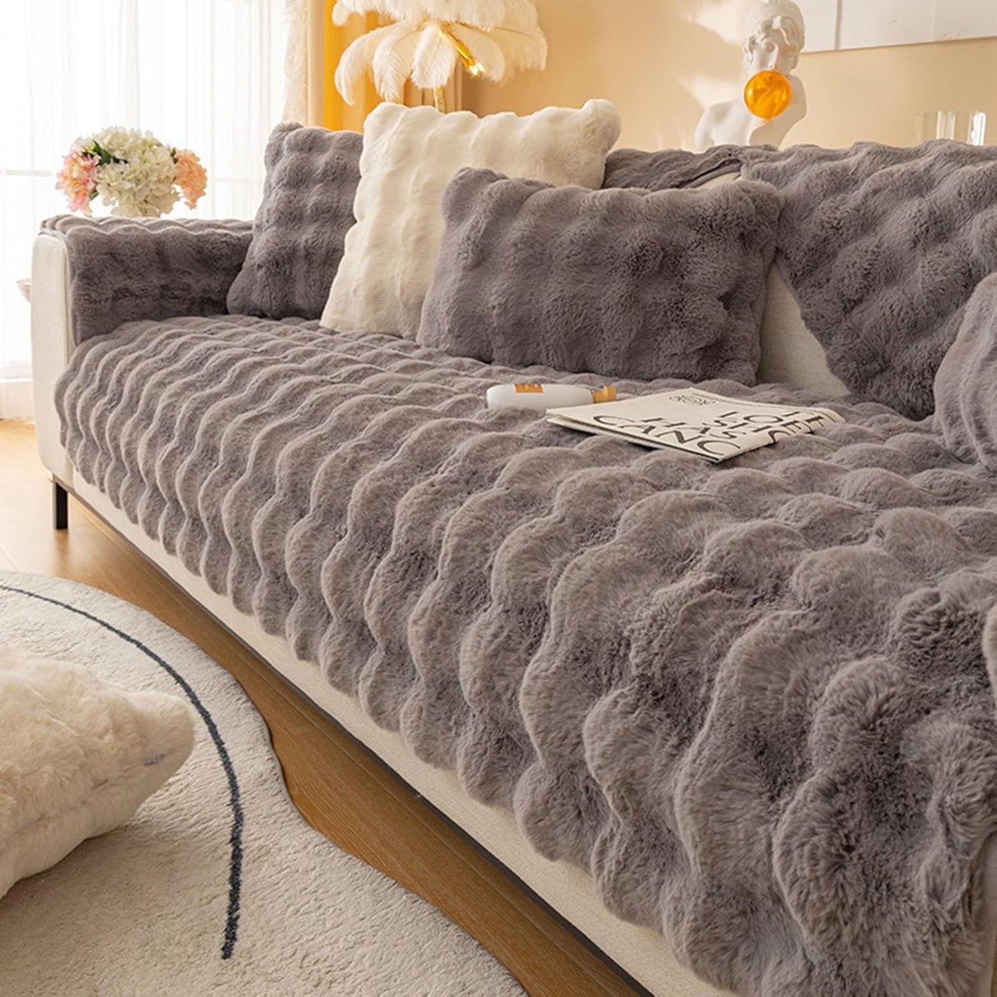 Cosy Plush Solid Colour Non-Slip Couch Cover, Funny Couch Cover, Soothing Home Sofa Covers, Fluffy Thick Plush Sofa Cushion (Grey, 43.3in*70.9in)