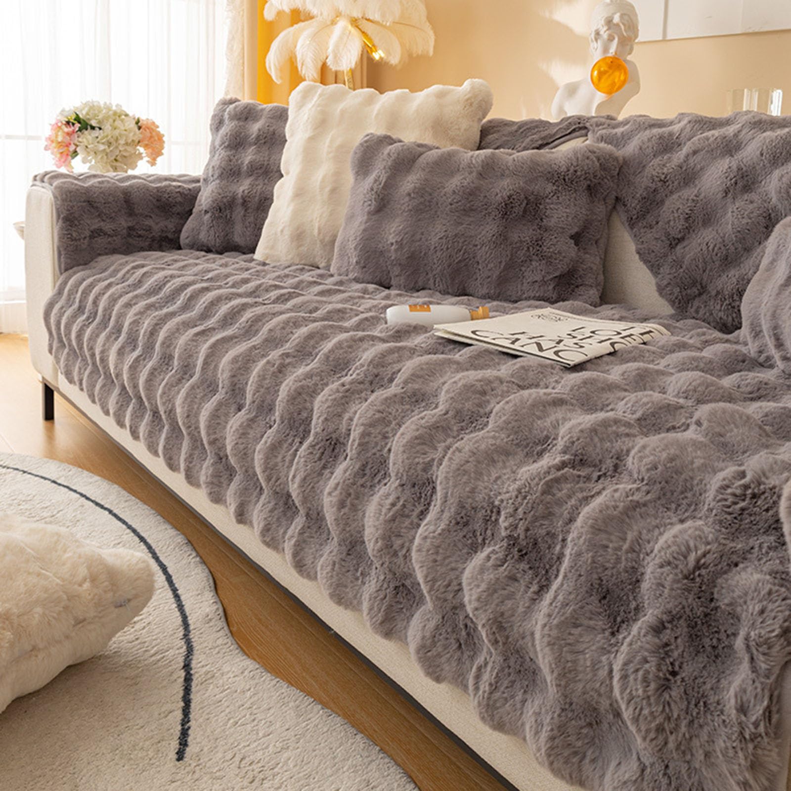 Cosy Plush Solid Colour Non-Slip Couch Cover, Funny Couch Cover, Soothing Home Sofa Covers, Fluffy Thick Plush Sofa Cushion (Grey, 43.3in*70.9in)